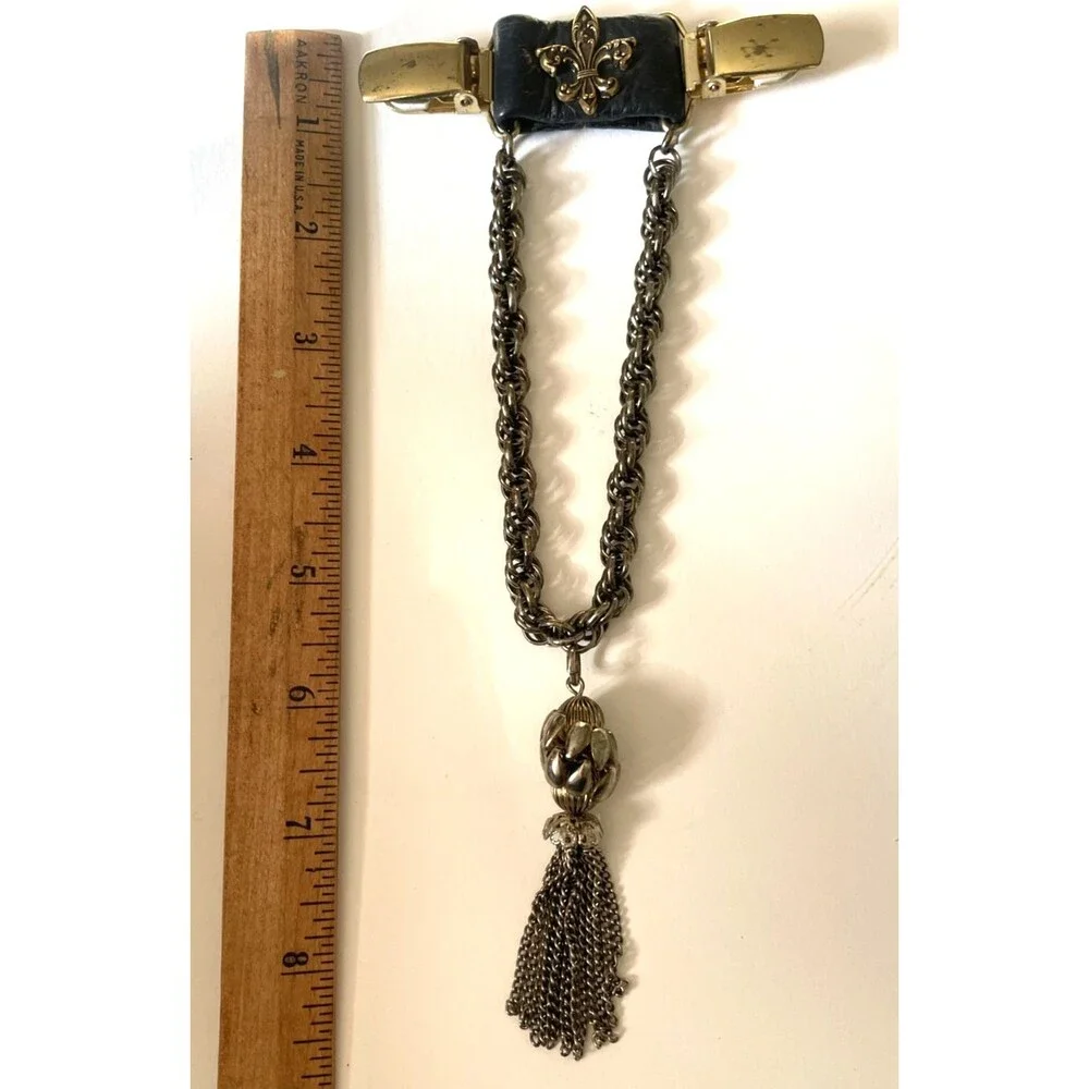 Vintage 80s Jacket Clip Goth Fleur De Lis Chain Tassel